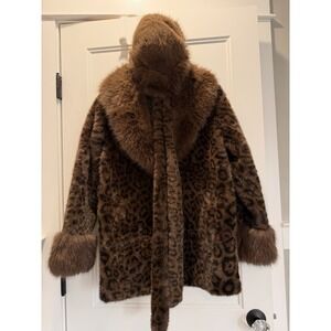 Womens Leopard Faux Fur Coat Hooded Brown  Glam Statement With Hat And Belt